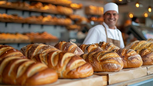 Baker presenting an assortment of fresh bread in a bakery