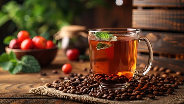 Steaming tea with mint on a table scattered with coffee beans