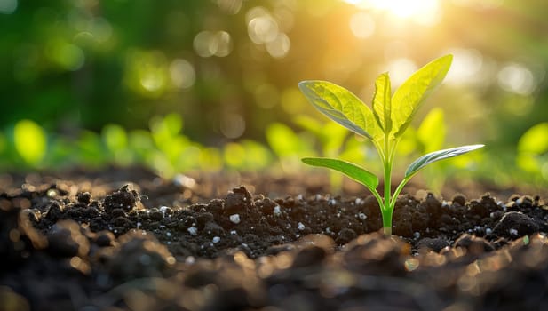 Green seedling growing from seed in the morning light. Gardening concept.