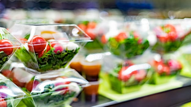 Pre-packaged vegetable salads displayed in a commercial refrigerator
