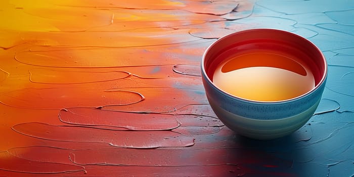 cup of tea on a background of colored oil paints.