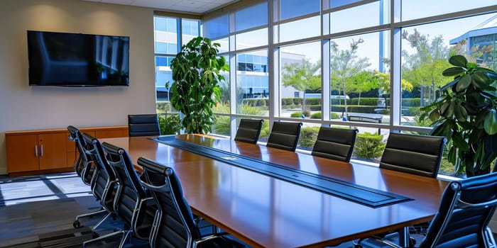 Modern conference room with a table, chairs, and television