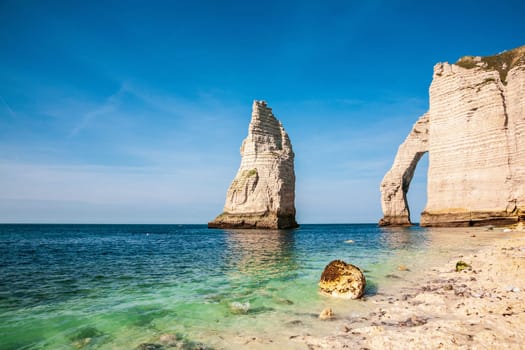 The famous cliffs at Etretat from the beach, photography taken in France