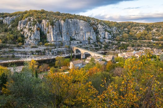 The bridge over the Ardeche river near the old village Balazuc recognized historical heritage, photography taken in France