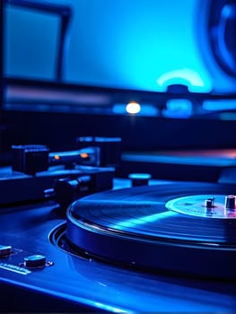 Close-up of a record player in blue light