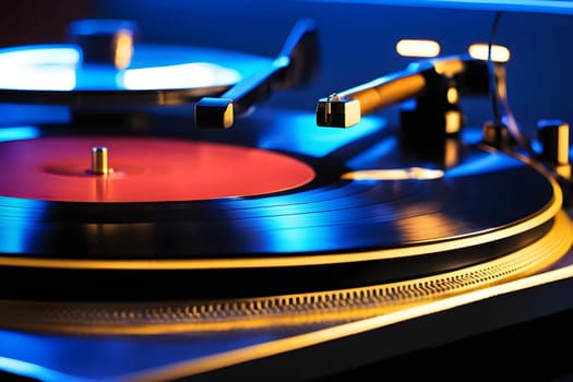 Close-up of a record player in blue light