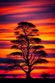 Silhouetted Silhouettes. Alone tree against the vibrant sunset sky, emphasizing its intricate branches and leaves in shadowy contrast against the colorful backdrop.