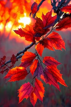 Autumn Elegance. Rich colors and textures of fall foliage at sunset, capturing the intricate details of individual leaves as they glow in the fading light of the day.