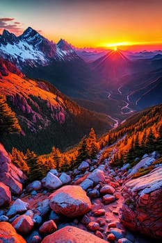 Mountain Majesty. Rugged beauty of a mountain peak at sunset, focusing on the intricate details of rocks and vegetation bathed in the warm, golden light of the fading day.