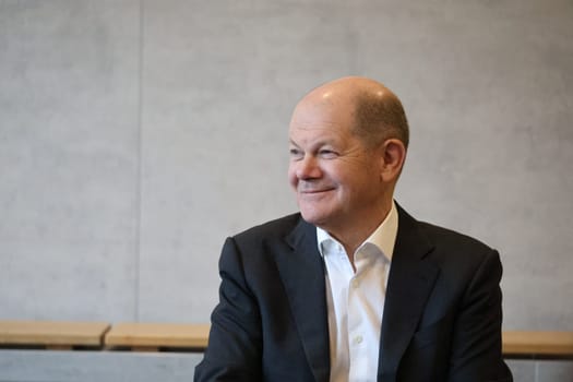 Federal Chancellor Olaf Scholz during a visit to the Europa Park Stadium in Freiburg with the participants in the dialogue with socially engaged citizens from Freiburg and the surrounding area in the Business Lounge on the ground floor of the main grandstand