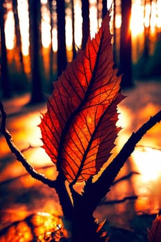 Forest Whispers. Single leaf in a dark forest as the setting sun filters through the canopy, highlighting the intricate veins and textures in a magical play of light and shadow.