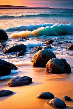 Coastal Charm. Rugged beauty of a coastline at sunset, capturing the intricate patterns of rocks and shells washed by the gentle waves under the warm, golden light.