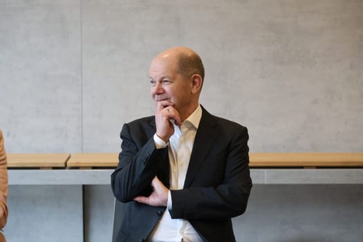 Federal Chancellor Olaf Scholz during a visit to the Europa Park Stadium in Freiburg with the participants in the dialogue with socially engaged citizens from Freiburg and the surrounding area in the Business Lounge on the ground floor of the main grandstand