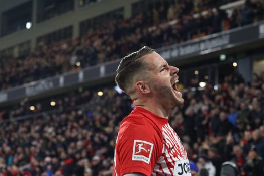Christian Günter (SC Freiburg) scores to make it 1-0 and celebrates his first goal of the season in the match of the 1. FBL: 23-24: 24. Sptg. SC Freiburg - FC Bayern Munich  DFL REGULATIONS PROHIBIT ANY USE OF PHOTOGRAPHS AS IMAGE SEQUENCES AND/OR QUASI-VIDEONann  Photo: Joachim Hahne/johapress
