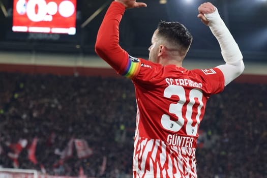 Christian Günter (SC Freiburg) scores to make it 1-0 and celebrates his first goal of the season in the match of the 1. FBL: 23-24: 24. Sptg. SC Freiburg - FC Bayern Munich  DFL REGULATIONS PROHIBIT ANY USE OF PHOTOGRAPHS AS IMAGE SEQUENCES AND/OR QUASI-VIDEONann  Photo: Joachim Hahne/johapress