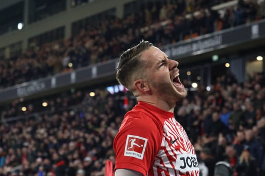 Christian Günter (SC Freiburg) scores to make it 1-0 and celebrates his first goal of the season in the match of the 1. FBL: 23-24: 24. Sptg. SC Freiburg - FC Bayern Munich  DFL REGULATIONS PROHIBIT ANY USE OF PHOTOGRAPHS AS IMAGE SEQUENCES AND/OR QUASI-VIDEONann  Photo: Joachim Hahne/johapress