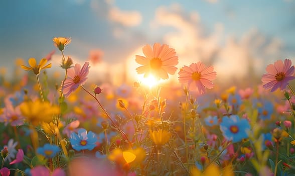 Background illustration about spring. There are flowers in the meadow in the beautiful morning sunlight with a blurred background makes you feel refreshed and want to create new things or start over.