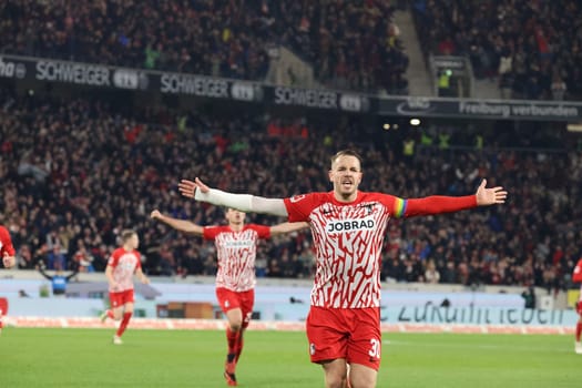 Christian Günter (SC Freiburg) scores to make it 1-0 and celebrates his first goal of the season in the match of the 1. FBL: 23-24: 24. Sptg. SC Freiburg - FC Bayern Munich  DFL REGULATIONS PROHIBIT ANY USE OF PHOTOGRAPHS AS IMAGE SEQUENCES AND/OR QUASI-VIDEONann  Photo: Joachim Hahne/johapress