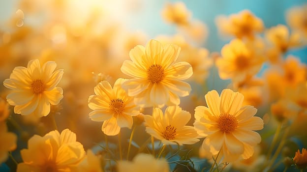 Background illustration about spring. There are flowers in the meadow in the beautiful morning sunlight with a blurred background makes you feel refreshed and want to create new things or start over.