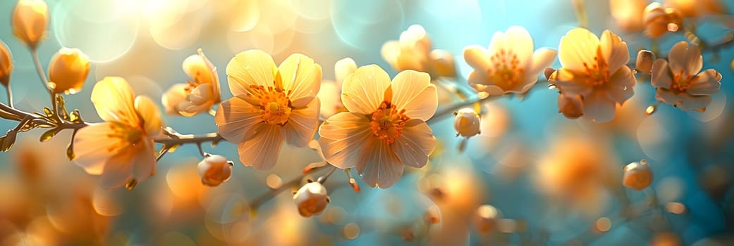 Background illustration about spring. There are flowers in the meadow in the beautiful morning sunlight with a blurred background makes you feel refreshed and want to create new things or start over.