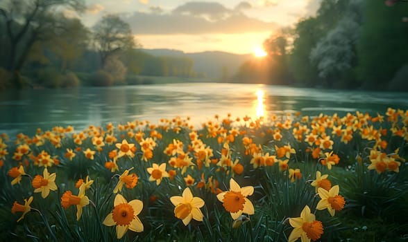 Background illustration about spring. There are flowers in the meadow in the beautiful morning sunlight with a blurred background makes you feel refreshed and want to create new things or start over.