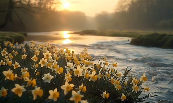Background illustration about spring. There are flowers in the meadow in the beautiful morning sunlight with a blurred background makes you feel refreshed and want to create new things or start over.