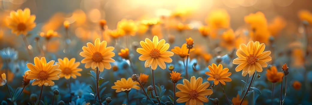 Background illustration about spring. There are flowers in the meadow in the beautiful morning sunlight with a blurred background makes you feel refreshed and want to create new things or start over.