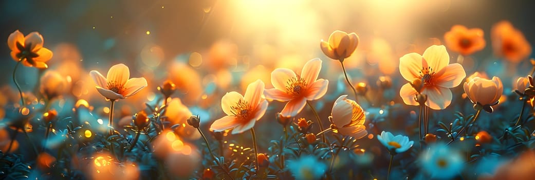 Background illustration about spring. There are flowers in the meadow in the beautiful morning sunlight with a blurred background makes you feel refreshed and want to create new things or start over.