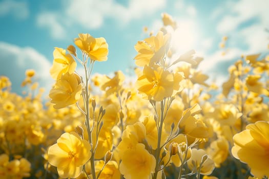 Background illustration about spring. There are flowers in the meadow in the beautiful morning sunlight with a blurred background makes you feel refreshed and want to create new things or start over.