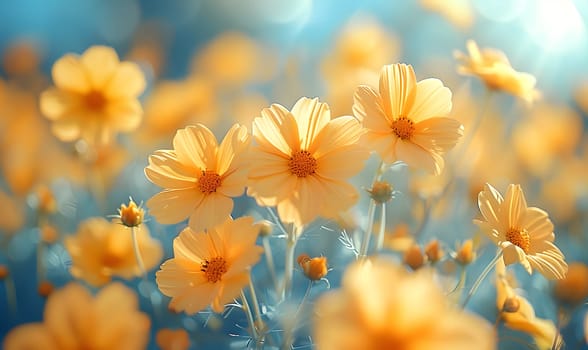 Background illustration about spring. There are flowers in the meadow in the beautiful morning sunlight with a blurred background makes you feel refreshed and want to create new things or start over.