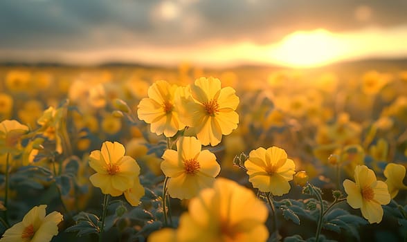 Background illustration about spring. There are flowers in the meadow in the beautiful morning sunlight with a blurred background makes you feel refreshed and want to create new things or start over.
