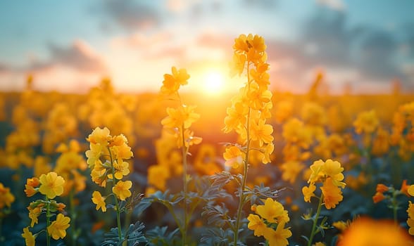 Background illustration about spring. There are flowers in the meadow in the beautiful morning sunlight with a blurred background makes you feel refreshed and want to create new things or start over.