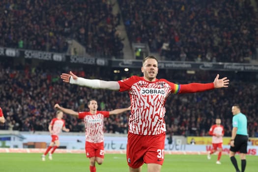 Christian Günter (SC Freiburg) scores to make it 1-0 and celebrates his first goal of the season in the match of the 1. FBL: 23-24: 24. Sptg. SC Freiburg - FC Bayern Munich  DFL REGULATIONS PROHIBIT ANY USE OF PHOTOGRAPHS AS IMAGE SEQUENCES AND/OR QUASI-VIDEONann  Photo: Joachim Hahne/johapress