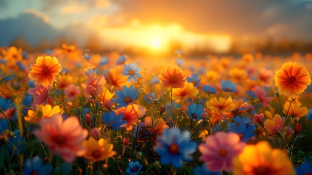 Background illustration about spring. There are flowers in the meadow in the beautiful morning sunlight with a blurred background makes you feel refreshed and want to create new things or start over.