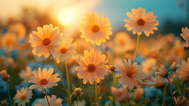 Background illustration about spring. There are flowers in the meadow in the beautiful morning sunlight with a blurred background makes you feel refreshed and want to create new things or start over.