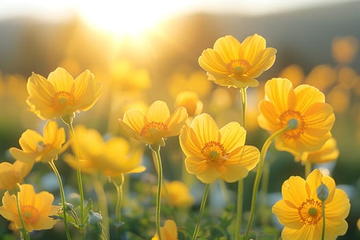 Background illustration about spring. There are flowers in the meadow in the beautiful morning sunlight with a blurred background makes you feel refreshed and want to create new things or start over.