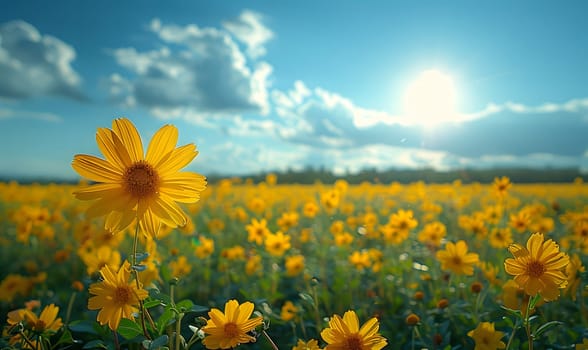 Background illustration about spring. There are flowers in the meadow in the beautiful morning sunlight with a blurred background makes you feel refreshed and want to create new things or start over.