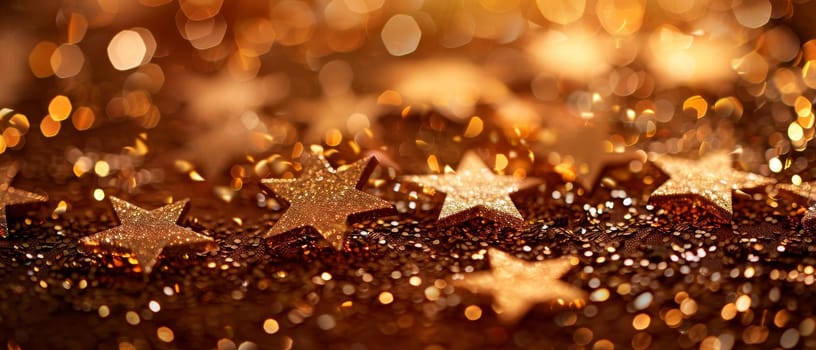 A magical display of golden stars sparkling against a dark, mystical background, creating a festive and enchanting atmosphere