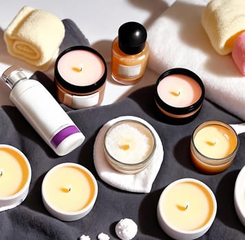 Self-care Ritual. A flat lay composition of pampering essentials such as scented candles, a plush towel, aromatic bath salts, and a skincare mask to convey the importance of self-care and relaxation