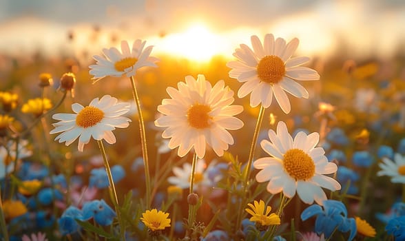 Background illustration about spring. There are flowers in the meadow in the beautiful morning sunlight with a blurred background makes you feel refreshed and want to create new things or start over.