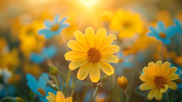 Background illustration about spring. There are flowers in the meadow in the beautiful morning sunlight with a blurred background makes you feel refreshed and want to create new things or start over.