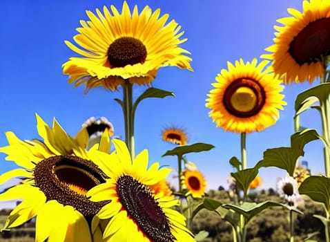 Captivating summer backdrop with a mix of sunflowers and daisies set against a clear blue sky.