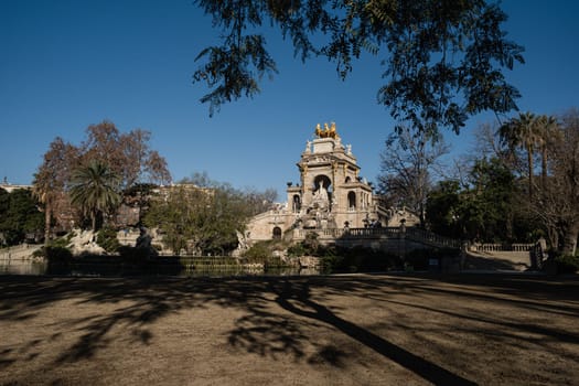 The Cascada Monumental in the Parc de la Ciutadella on a sunny day in Barcelona December 2013 One of the most attractive features of the Parc de la Ciutadella is the presence of numerous ancient trees.
