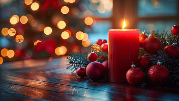 Christmas decoration with burning candle and fir branches on wooden background with bokeh lights