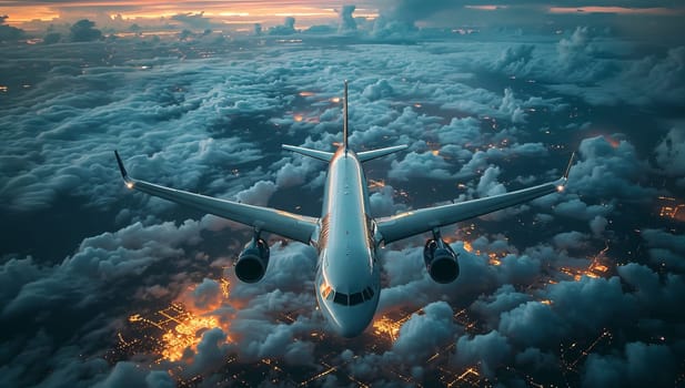 Airplane ascending through clouds over illuminated city at dusk