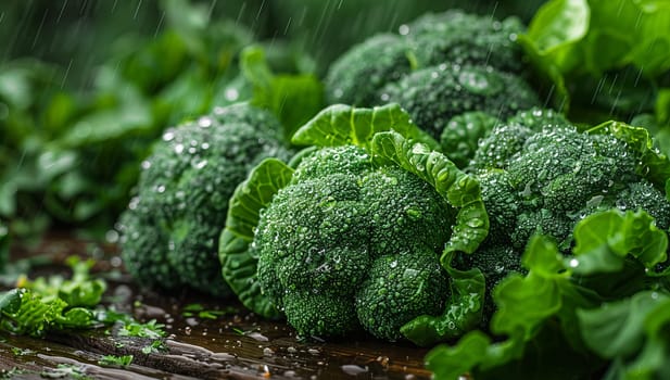 Fresh green broccoli with water drops on wooden table. Selective focus.