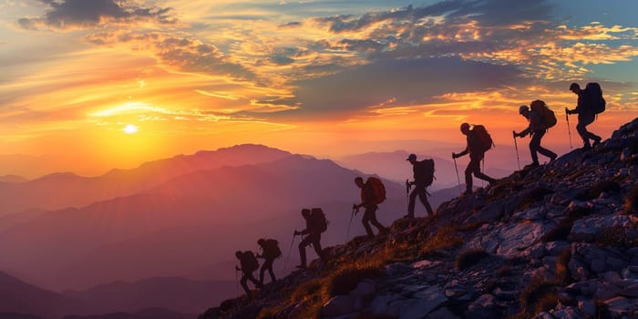 Group of tourists with backpacks on top of a mountain at sunset
