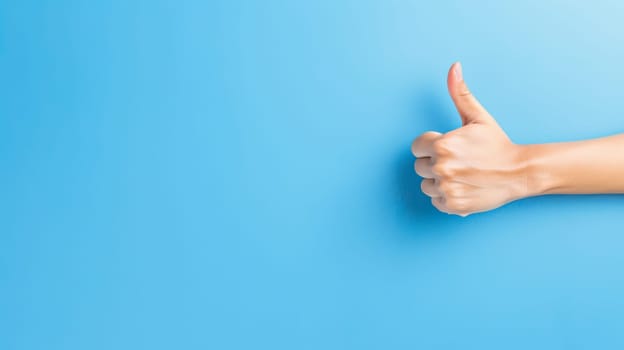 Woman hand showing thumbs up on blue background with copy space.