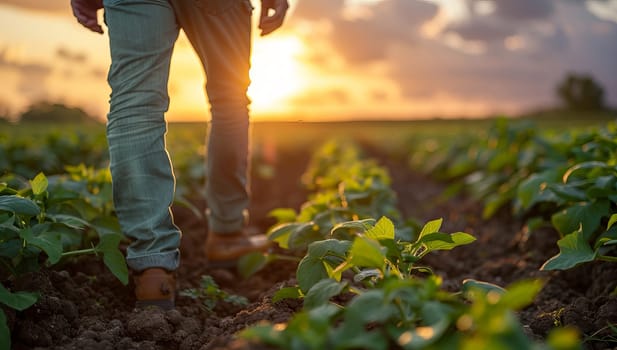 Man inspecting soybean plants in rural field at sunset