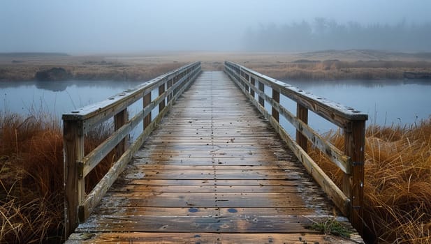 Wooden pier leading into serene foggy marshland